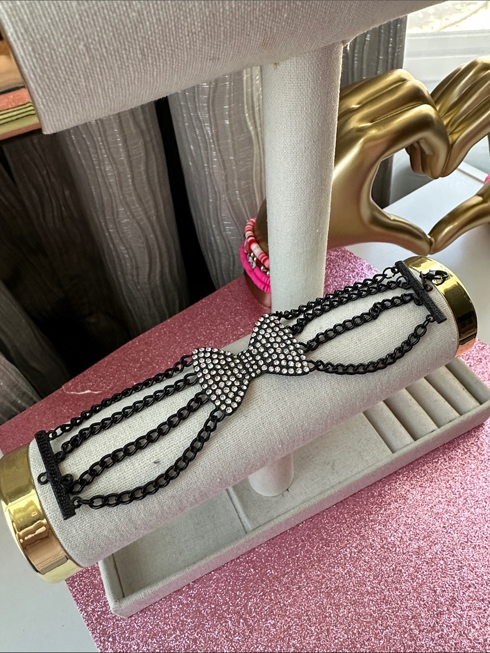Crystal Bow Multi-Strand Black Chain Bracelet